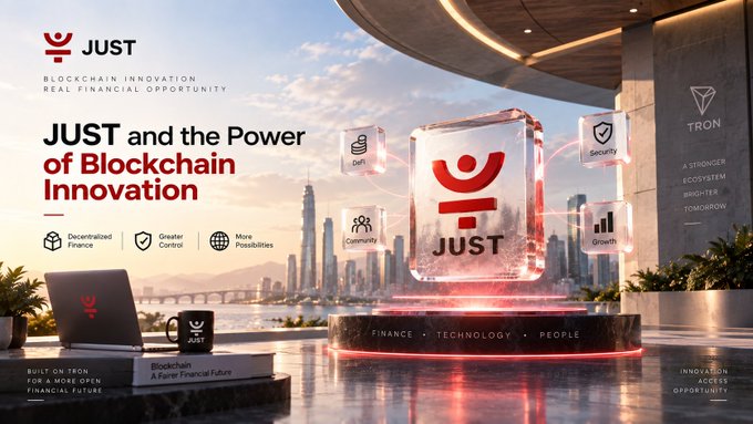 A promotional image for JUST cryptocurrency on TRON, with the tagline "JUST and the Power of Blockchain Innovation" and icons for DeFi, Security, Community, and Growth.