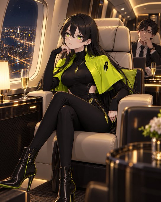 An anime-style illustration shows a dark-haired woman in a black and neon green outfit seated in an airplane cabin at night, next to a man in a suit.