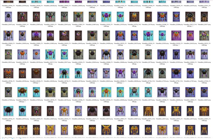 A grid of thumbnail images displaying various stylized 3D character models, including robots and figures, with filenames like 'FriendBot_05948_THUMB.jpg' visible.