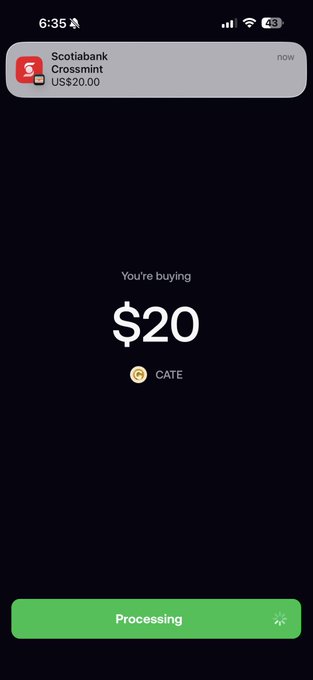 A mobile screen shows a $20 purchase of $CATE token via Apple Pay on the FOMO app, with a Scotiabank Crossmint notification of US$20.00 and a green "Processing" button at the bottom, illustrating the seamless buying experience mentioned in the post.