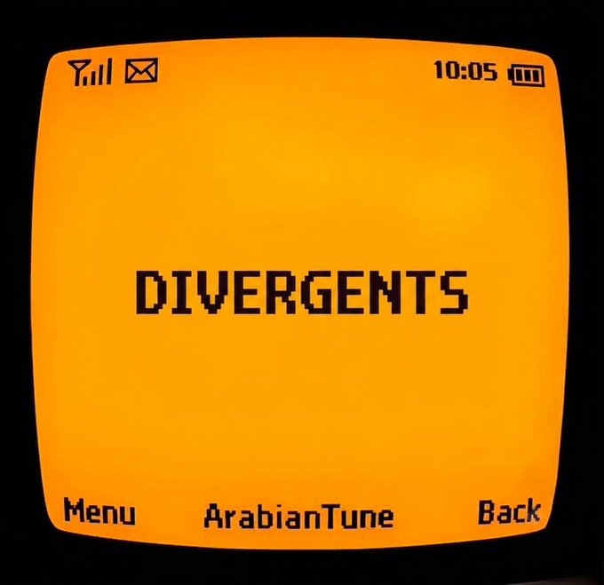 A vintage-style orange mobile phone screen displays the word "DIVERGENTS" in pixelated text, with "ArabianTune" shown at the bottom menu, the time 10:05, and a full battery icon. The retro device aesthetic and project name align with the post's call for holders to "get ready with your bags" for an upcoming token recognition event.