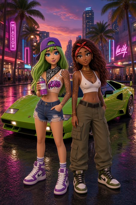 A 3D-rendered illustration of two stylish young women with green and curly brown hair standing in front of a green sports car on a neon-lit city street at sunset, with "MEXICOR" neon signage.