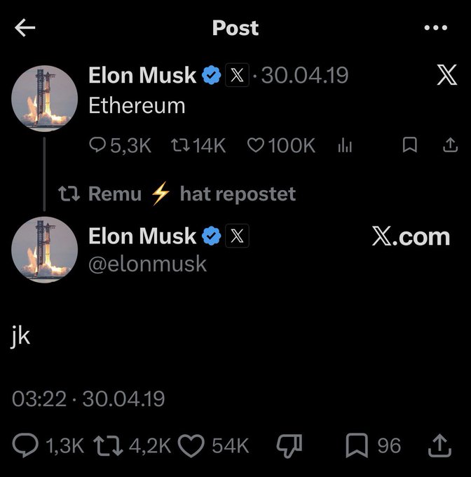 A screenshot of an X (formerly Twitter) post thread by 'Elon Musk' showing a tweet that says 'Ethereum' with high engagement, followed by a repost from 'Remu' containing a tweet that simply says 'jk'.