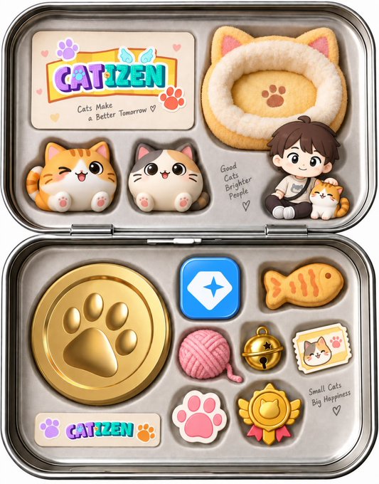 A decorative collector's tin branded "CATIZEN — Cats Make a Better Tomorrow" filled with cat-shaped cookies, plush figures, a ball of yarn, a fish-shaped cookie, paw-print gold coin, bell, ribbon badge, and stamps — visually representing a curated collection of feline-inspired treasures.