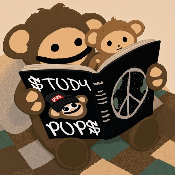 Two cartoonish brown bears sit reading a black book titled "STUDY POPS" — featuring a bear wearing a "pops" cap on the cover and a peace sign on the back — visually reinforcing the post's message that crypto participants should "study the lore" before the next chaotic cycle.