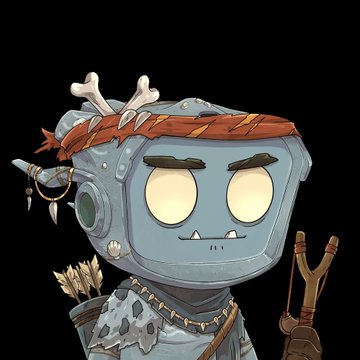 A cartoon-style illustration depicts a grey robot-like character with glowing yellow eyes, wearing a red headband with bones, set against a black background.