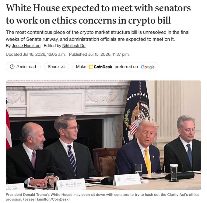 In an article from CoinDesk, President Donald Trump's White House is expected to meet with senators to discuss ethics concerns within the crypto bill, potentially relating to the Clarity Act mentioned in the accompanying post.