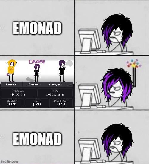 A meme featuring 'EMONAD' (a cryptocurrency shown on a DexScreener-style chart with price $0.001014 and market cap $1.0M) using a 'blinking guy' template where a character appears, briefly has thoughts, then returns to a blank state.