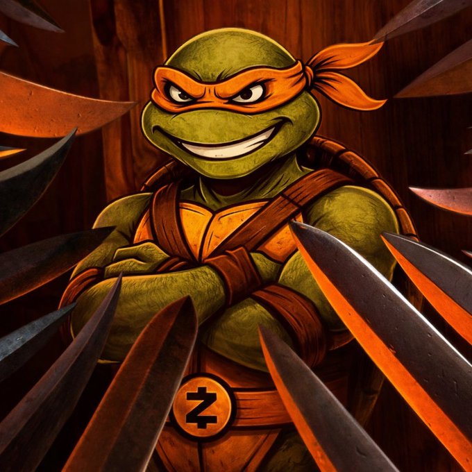 A stylized illustration of Michelangelo from Teenage Mutant Ninja Turtles, grinning with his orange bandana and surrounded by sharp blades in a wooden background.