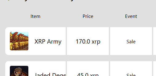 A marketplace listing displays items for sale, including 'XRP Army' for 170.0 xrp and 'Jaded Dogs' for 45.0 xrp.