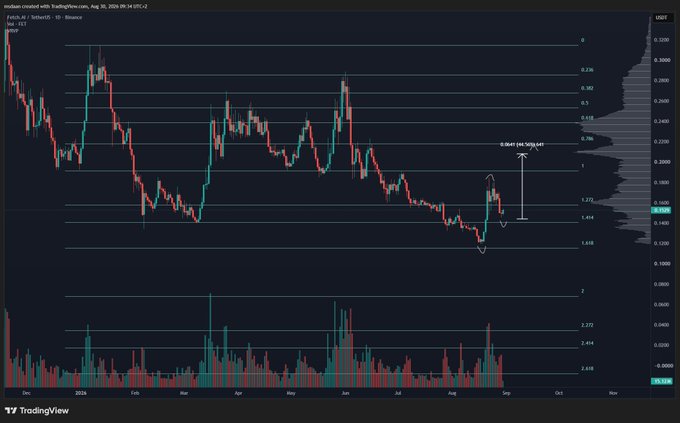 A TradingView chart of FET/USDT on a daily timeframe shows the cryptocurrency's price action from December through August, with Fibonacci retracement levels drawn across the chart highlighting the 1.414 extension at approximately $0.26 as a potential higher high target, with the next resistance at the 0.786 level (~$0.34), matching the post's bullish outlook on $FET.