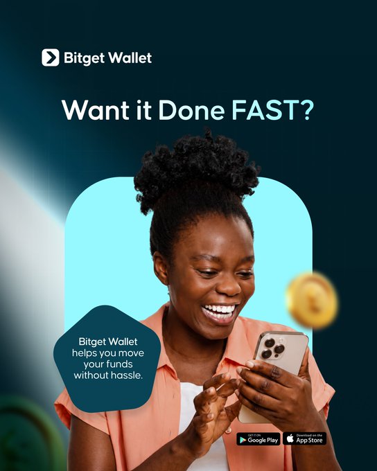A smiling woman joyfully looks at her phone as a Bitcoin token floats beside her, promoting Bitget Wallet's fast bank transfer service that cashes out crypto in as little as 20 seconds, with the headline "Want it Done FAST?" and app download buttons for Google Play and the App Store. The image visually reinforces the post's message about quick, hassle-free crypto-to-bank transactions, showing a happy user experiencing the seamless speed the service promises.