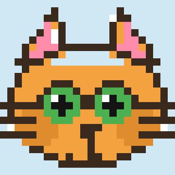 A pixel-art illustration of an orange cat with green eyes wearing green glasses shaped like cat paws, set against a light blue background.