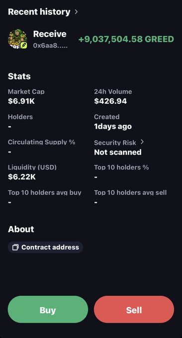Cryptocurrency app screenshot showing recent receive of +9,037,504.58 GREED with market cap $6.91K, 24H volume $426.94, created 1 day ago, with Buy and Sell buttons.