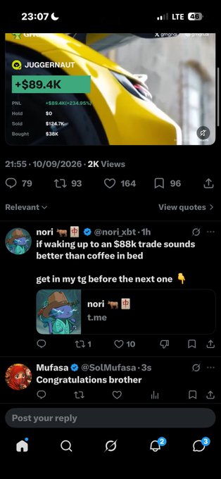 A smartphone screenshot of an X (Twitter) feed showing a post about a crypto trade of "JUGGERNAUT" with a +$89.4K gain (+234.95%), followed by a reply from "nori" (@nori_xbt) promoting a Telegram channel with "if waking up to an $88k trade sounds better than coffee in bed get in my tg before the next one".