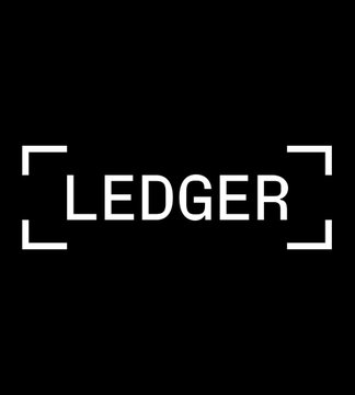 The Ledger logo is displayed in white on a black background, with its name enclosed by corner brackets resembling a viewfinder, visually reinforcing the security-focused context of the image.