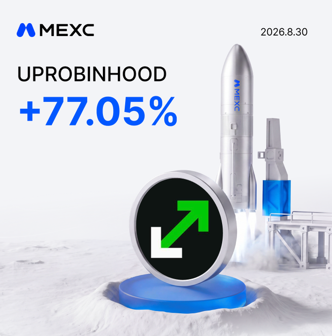 A promotional graphic for MEXC dated 2026.8.30 highlights $UPROBINHOOD's gain of +77.05%, featuring the MEXC logo and a rocket launch imagery symbolizing the token's upward surge.