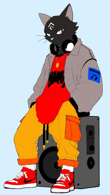 An anime-style illustration of a black cat character wearing a gray jacket, red shirt, yellow cargo pants, and red sneakers, with headphones around its neck, sitting on a speaker.