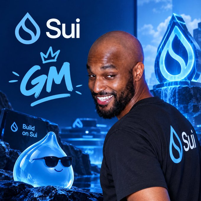 A smiling bearded man wears a black 'Sui' t-shirt next to a blue cartoon water drop mascot wearing sunglasses, with 'Sui', 'GM', and 'Build on Sui' branding visible.