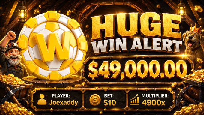 A vibrant "HUGE WIN ALERT" graphic celebrates player "Joexaddy" hitting a $49,000.00 payout from a $10 bet at a 4900x multiplier on Wcoin, visually tied to the post's announcement of the massive win and accompanying $50 community giveaway by @WcoinHQ.