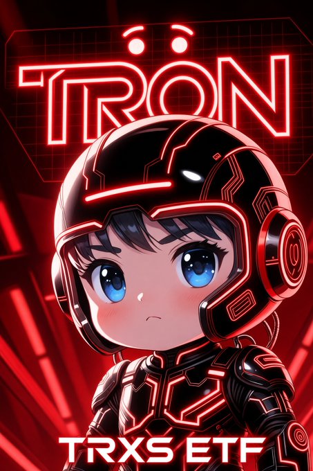Stylized artwork featuring an anime character wearing a futuristic black and red helmet, with glowing 'TRON' text above and 'TRXS ETF' text below.