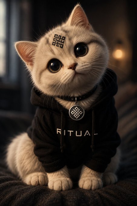 A cream-colored kitten with large, expressive eyes wears a black hoodie emblazoned with "RITUAL" across the chest and a medallion pendant, while a geometric sacred symbol rests on its forehead, embodying the post's theme of Ritual deploying AI as real-world infrastructure. The "code is live" caption reflects the meme-style of a small but powerful figure prepared to carry out its mission.