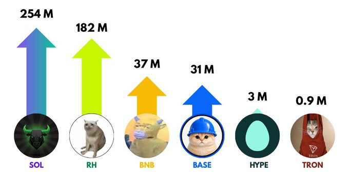 A bar chart titled with various meme coins displays market capitalizations: SOL at 254M, RH at 182M, BNB at 37M, BASE at 31M, HYPE at 3M, and TRON at 0.9M. Each crypto is represented by an upward arrow proportional to its value, illustrating their relative performance across chains and reinforcing the post's message that it is "multi-chain season" for top memes.