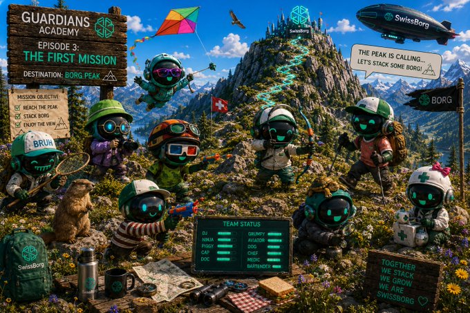 A vibrant illustration shows SwissBorg "Guardians" — cute robot characters in explorer gear — gathering at the base of "Borg Peak" for Episode 3: The First Mission, with a mission checklist (Reach the Peak, Stack Borg, Enjoy the View), team status stats, and SwissBorg branding throughout, matching the post's announcement of the Guardians embarking on their first crypto-learning challenge together.