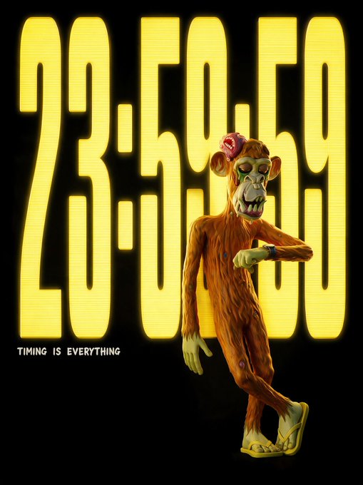 A stylized 3D illustration of a monkey character wearing a flower and sandals, standing against a bright yellow LED-style digital clock display reading '23:56:58', with text 'TIMING IS EVERYTHING'.