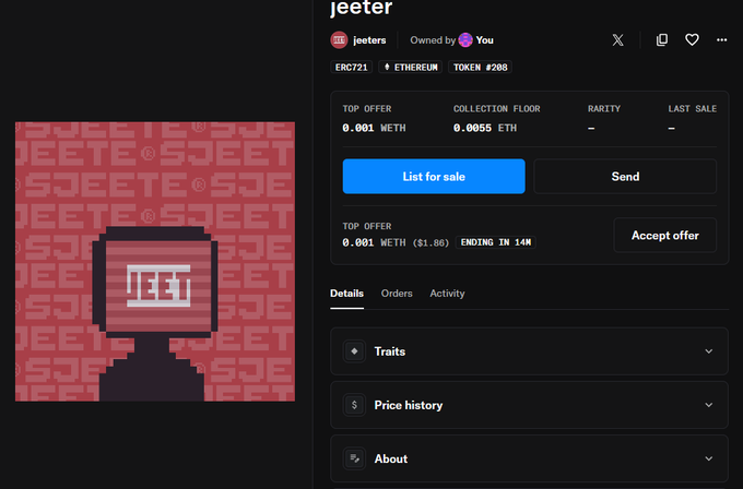 A screenshot of an NFT marketplace listing for "jeeter" (Token #208, ERC721 on Ethereum), featuring a pixelated "JEET" computer monitor artwork on a pink "JEETE" patterned background. The asset is owned by "You" with a top offer of 0.001 WETH and collection floor of 0.0055 ETH, supporting the user's post about minting their Jeeter NFT.