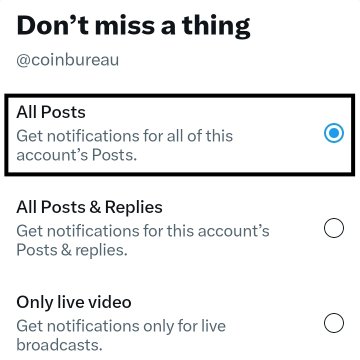 The image shows Twitter/X notification settings for the @coinbureau account, with the "All Posts" option selected to receive notifications for all of the account's posts. This relates to the post's call to stay informed about upcoming crypto developments, emphasizing the importance of not missing critical updates about August protocol upgrades and September events.