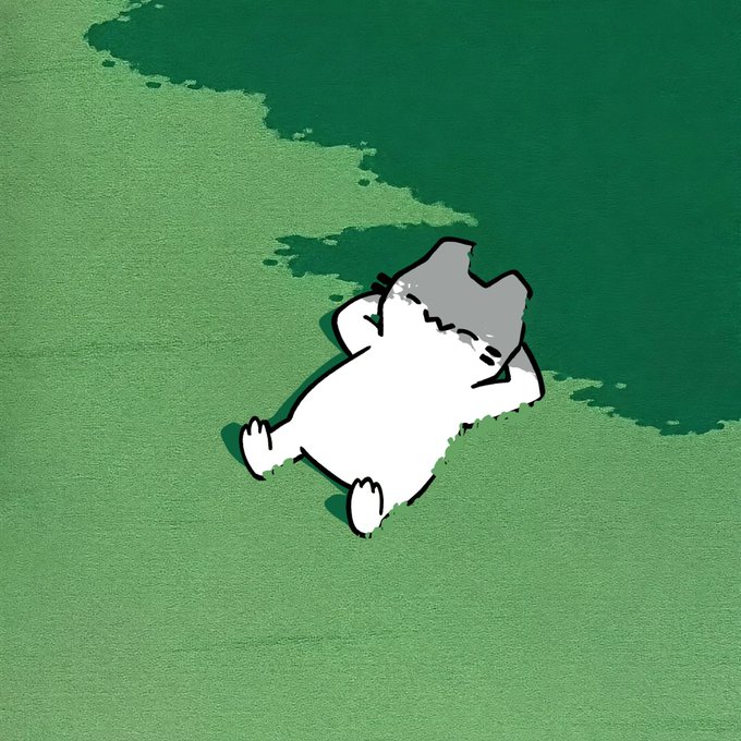 An animated white cartoon cat lying on its back on green grass with its eyes closed in distress.