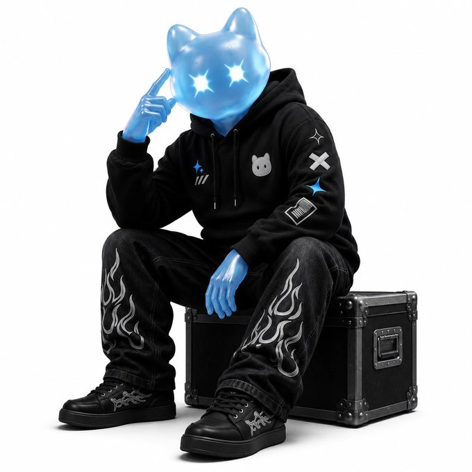 A 3D-rendered character with a glossy blue star-shaped head featuring glowing star eyes sits on a black equipment case, wearing a black hoodie with cat and star patches and flame-patterned black jeans.