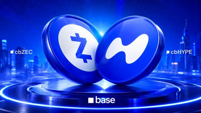 A promotional image showing two blue coin tokens labeled 'cbZEC' (Zcash) and 'cbHYPE' on a glowing platform, with the 'base' logo displayed below against a futuristic blue cityscape.