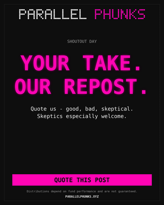 A promotional graphic with pink pixelated text reading 'PARALLEL PHUNKS' and 'YOUR TAKE. OUR REPOST.' with a 'QUOTE THIS POST' button.