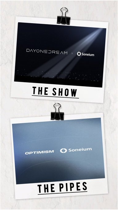 Two polaroid-style images pinned to a wall displaying 'DAYONE DREAM x Soneium' (labeled 'THE SHOW') and 'OPTIMISM x Soneium' (labeled 'THE PIPES').