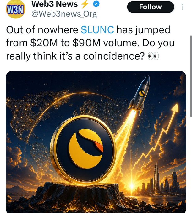 The image shows a screenshot of an Instagram post with the caption "Out of nowhere $LUNC has jumped from $20m to $90m volume, do you really think it's a coincidence?" The main visual element featured on the post is a photo depicting a rocket flying over a city. The focus of this post seems to be on the sudden increase in value for $LUNC after it was previously considered dead-end. The use of an image and a caption that emphasizes the surprising jump in value captures attention, potentially reaching those who may not have been aware of its performance prior.