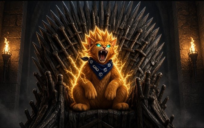 A fantasy digital artwork depicting an orange cat with glowing blue eyes sitting on a throne made of swords, wearing a blue bandana with 'CRO' written on it, surrounded by fire and lightning.