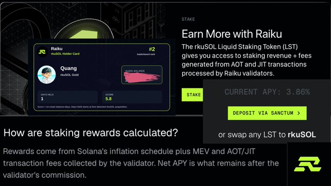 The image displays a screenshot from a website showing information about staking rewards offered by Raiku. Raiku recently announced that their new staking platform would pay users in blockspace, with a maximum reward yield of $rkuSOL. Users would receive the incentive based on the average return from their projects and the processed fees paid for by Raiku's system. The post also includes details about how to start staking, with an email address provided.