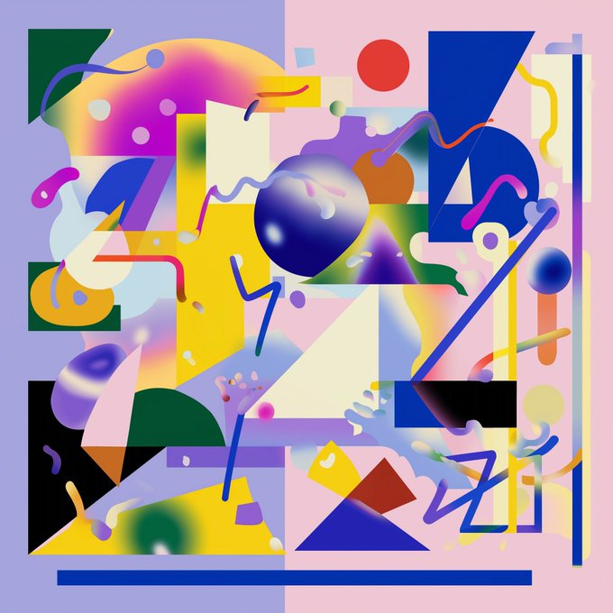 An abstract digital artwork featuring colorful geometric shapes, including triangles, spheres, and squiggly lines, set against pastel backgrounds.