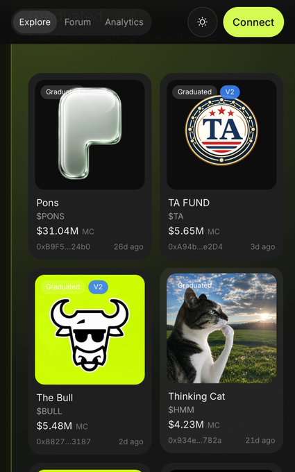 A cryptocurrency app interface showing tokens including 'Pons' ($PONS) at $31.04M MC, 'TA FUND' ($TA) at $5.65M MC, 'The Bull' ($BULL) at $5.48M MC, and 'Thinking Cat' ($HMM) at $4.23M MC.