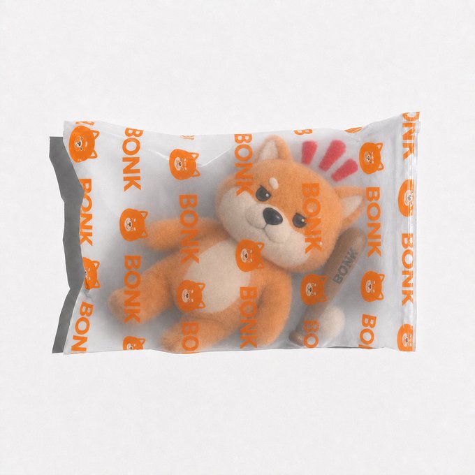 A Bonk-themed merchandise image shows a packaged plush toy of the Bonk dog mascot inside a plastic bag printed repeatedly with "BONK" text and small dog logos. The image ties directly to the "$bonk bags are packed" post, visually representing the "bags packed" phrase with a Bonk-branded bag containing the Bonk mascot plush.
