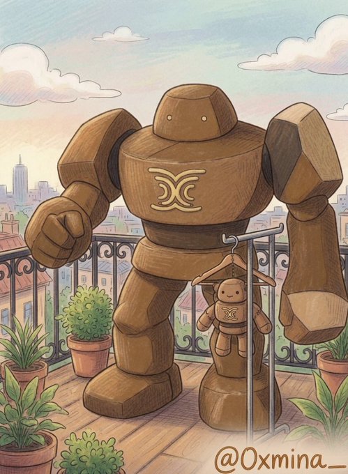 A stylized digital illustration of a large brown stone golem figure on a balcony overlooking a city, with a smaller wooden figurine on a hanger beside it; signed '@0xmina._'.