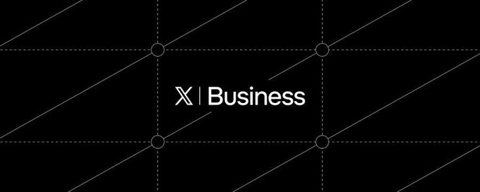 The image displays the "𝕏 | Business" logo against a black background with diagonal lines and grid circles. It relates to the post by showcasing X's Business branding, which connects to the launch of their new U.S. Cashtag Partner Program enabling trading through brokers like Coinbase, Kraken, Gemini, Interactive Brokers, and Moomoo.