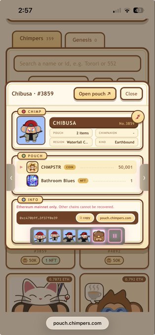 A mobile app screenshot of a NFT profile for 'Chibusa' (#3859), showing pouch contents including 'CHIMPSTR COIN' (50,001) and 'Bathroom Blues NFT' (1), with a value listed at 50K.