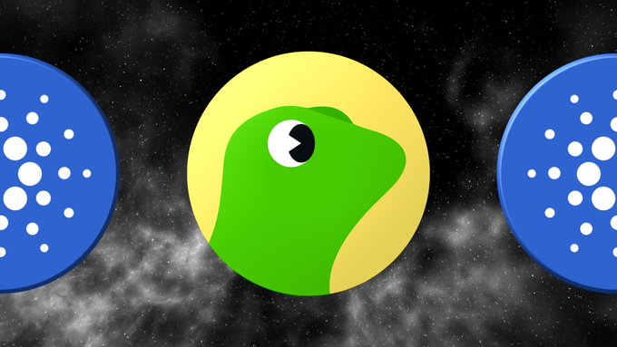 The image features a central green alien-like character on a yellow circular background, flanked by two blue circular logos with white dot patterns resembling the Cardano ($ADA) cryptocurrency branding. This visually represents the reported news of Cardano's $510 million 24-hour trading volume, with the cosmic background symbolizing the cryptocurrency's market activity.