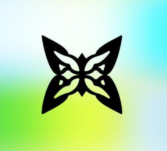 The image is a graphic design featuring a black butterfly or moth motif that is composed of smaller black shapes arranged symmetrically, with each shape mirroring its counterpart across an axis line. The butterfly design is set against a gradient backdrop transitioning from green at the top and blue at the bottom. The main focus of this design appears to be on the patterns created by these repeating shapes.