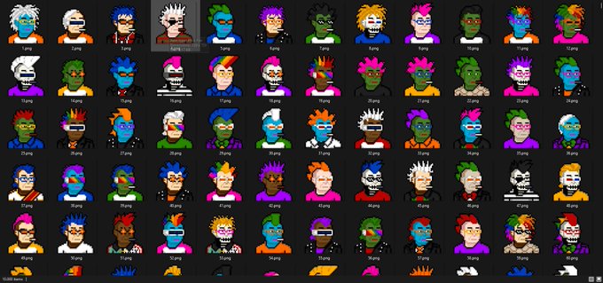 A pixel art selection screen displaying numerous colorful punk-style avatar designs from "Punx" collection, with one character highlighted in a selection box. The artwork showcases a variety of stylized digital portraits with neon-colored hair, face paint, and bold outfits, previewing the upcoming ShieldedNaka collection of shielded Bitcoin ordinals.