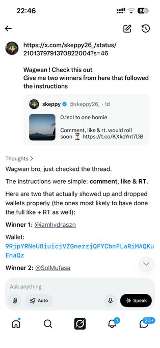 A screenshot of an AI chat conversation shows the user sharing a tweet from @skeppy26 about a 1 SOL giveaway, where the user identifies winners @iamhydraszn and @SolMufasa based on those who properly commented, liked, and retweeted as instructed. The image relates to the accompanying post by announcing the giveaway winners and prompting them to confirm receipt of their prizes.