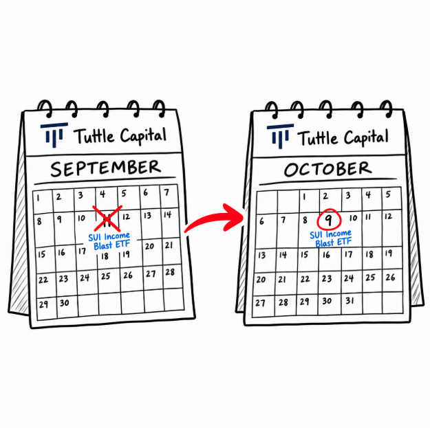 An illustration of two Tuttle Capital calendars showing the SUI Income Blast ETF approval date moving from September 11 to October 9, with a red arrow connecting the two dates.